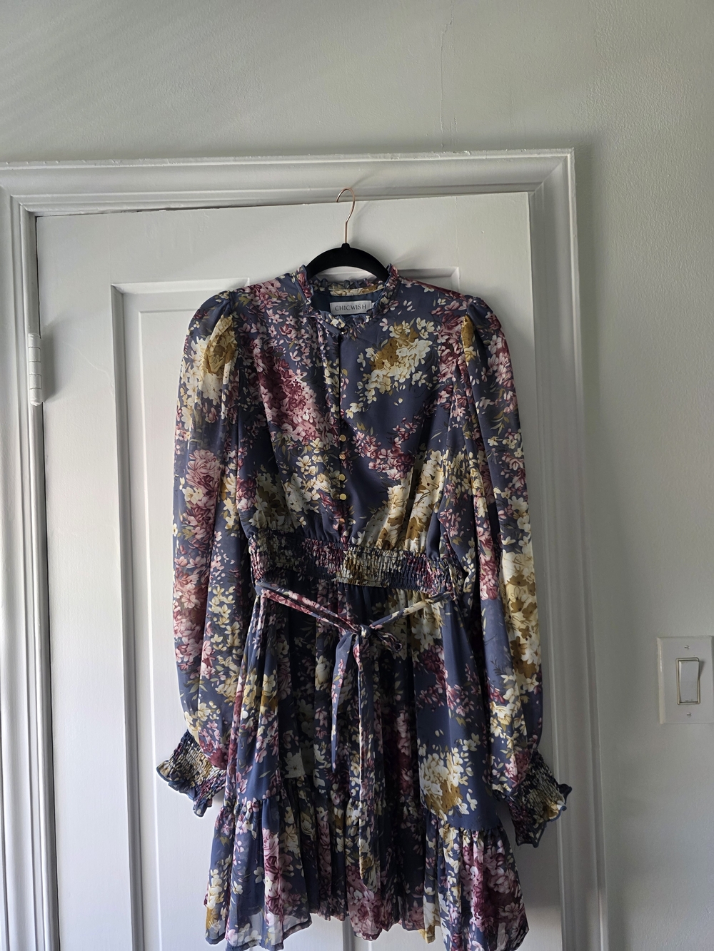 Chicwish Blue Floral Long-Sleeve Smocked Mini Dress